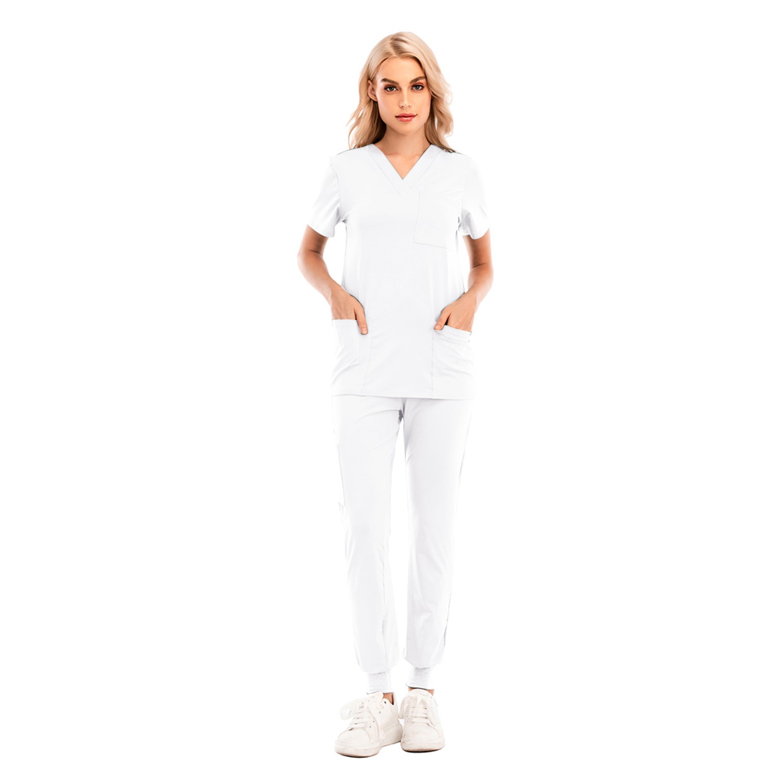 thumbnail image 3 of Conjunto de uniforme de enfermería de 2 piezas para mujer: top de manga corta con cuello en V + pantalones, poliéster, con bolsillo, verde/morado/blanco, tallas S-XXL, tallas asiáticas, 3 of 8